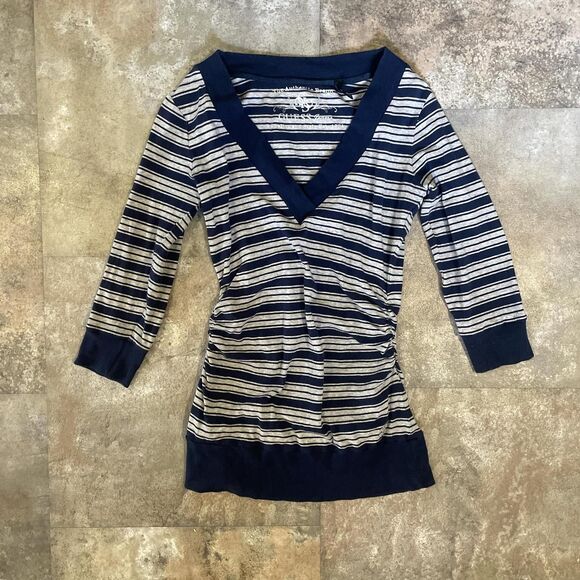 guess jeans v neck striped navy blue and gray half sleeve sweater size small - Picture 1 of 5
